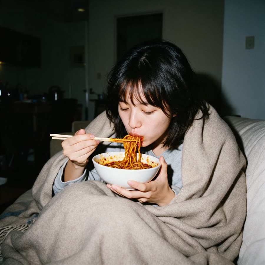 Someone wrapped in a blanket on the sofa slurping chili oil noodles