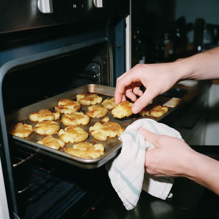A hot tray of smashed potatoes pulled from the oven, a hand sneaking one